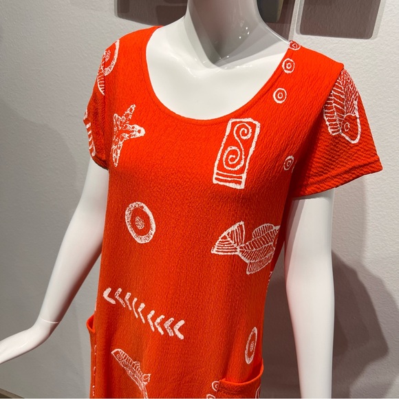 MAXIMA Orange Fish Print Long Beach Summer Shift Dress Cotton Cover up w Pockets - Picture 4 of 10